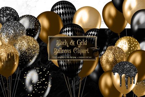 Black and Gold Balloons Clipart, Glitter Balloon Png Digital Overlays ...