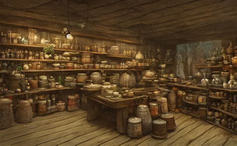 An Herbalist Shop A Wood Counter And Cabinets In The Stable Diffusion