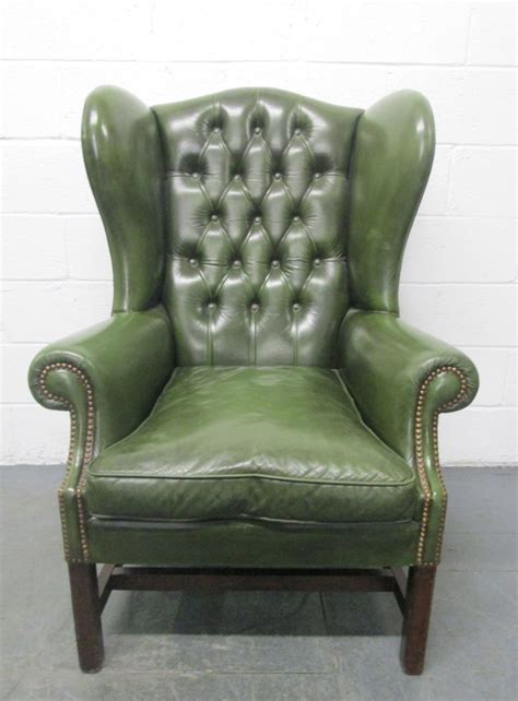 Vintage Green Leather Tufted Wingback Chair At 1stdibs Green Leather Wingback Chair Green