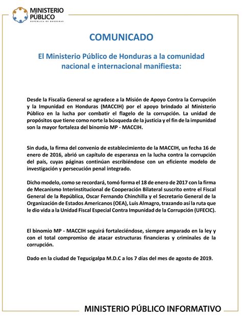 Comunicado Del Mp Sobre La Oea Maccih Ministerio P Blico De Honduras