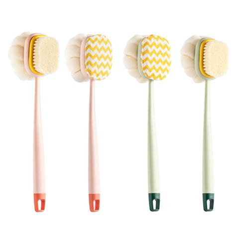 Dual Sided Shower Body Brush With Long Handle Bristles And Loofah