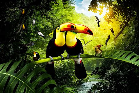 Ai Generated Two Beautiful Colorful Toucan Birds On A Branch In ...