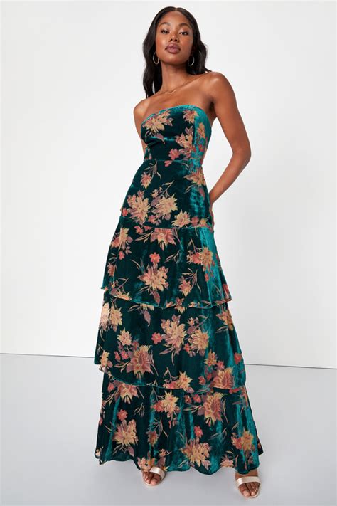 Green Velvet Dress Floral Burnout Dress Strapless Maxi Dress Lulus