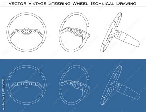vintage car steering wheel vector  technical drawing set blueprint
