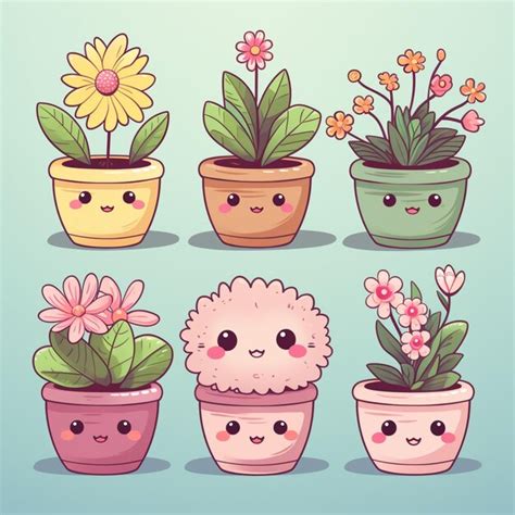 Premium Ai Image A Group Of Cartoon Potted Plants With Faces And Eyes