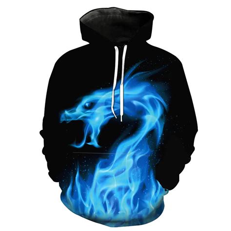 Unisex Punk Style Blue Flame Dragon Casual Hoodie 3d Digital Print