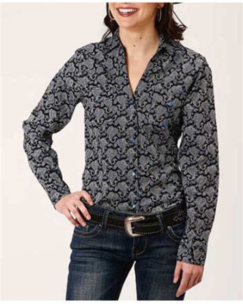 Roper Women S Paisley Print Long Sleeve Pearl Snap Western Shirt Black Blue