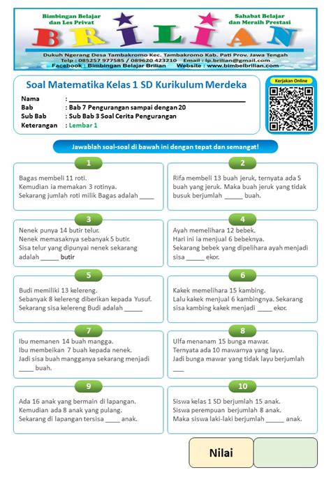 Soal Cerita Pengurangan Kelas 1 SD Kurikulum Merdeka Bimbel Brilian