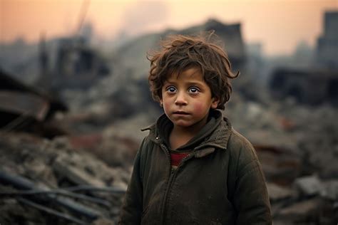 Premium Photo | Sad child during the war with the buildings destroyed in the background gaza ...