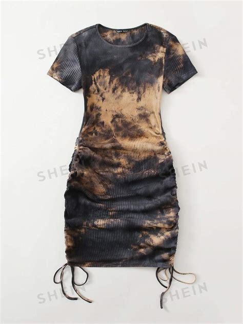 Shein Ezwear Drawstring Ruched Side Rib Knit Tie Dye Dress Shein Usa