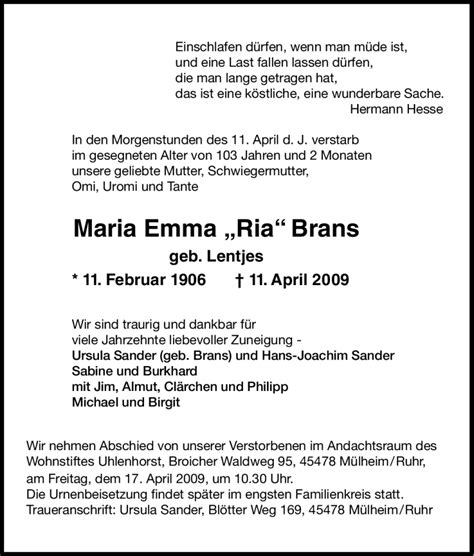 Traueranzeigen Von Maria Emma Brans Trauer In NRW De