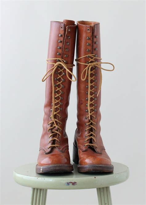 Vintage 1970s Brown Leather Tall Lace Up Boots - Raleigh Vintage