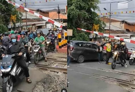 Kendaraan Ramai Ramai Terobos Palang Kereta Sampai Bikin Petugas Repot