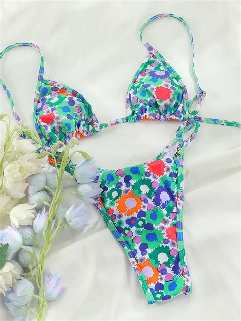 Floral Print Strappy Triangle Bikini Set Swimwear On Luulla