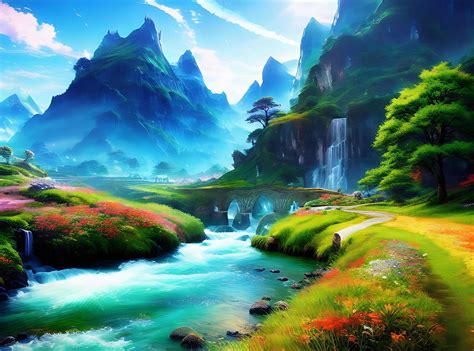 Wallpaper landscape, painting, fantasy art, anime, water, nature, sky ...