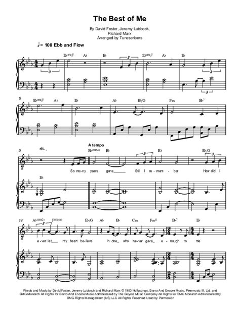 The Best Of Me Arr Tunescribers By David Foster Sheet Music For