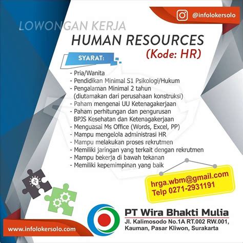 Lowongan Kerja Human Resources PT Wira Bhakti Mulia Di Solo INFO