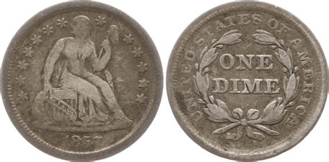 USA Seated Liberty Dime 1857 Philadelphia Fast sehr schön Patina MA