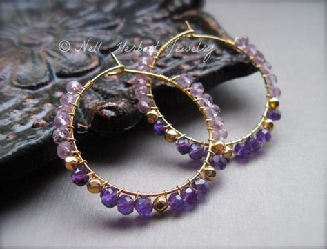 Amethyst Hoop Earrings Amethyst And Gold Beads Wire Wrapped Etsy