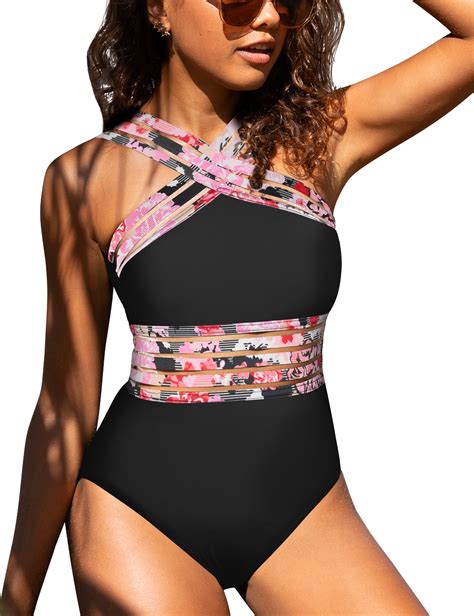 Hilor Womens One Piece Swimsuits Front Crossover Mesh Bathing Suits