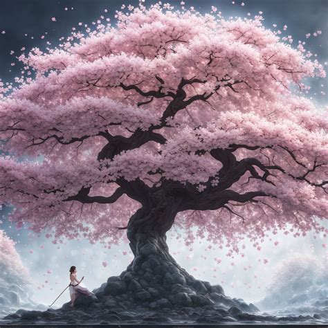 White glossy smoke art Anime style huge cherry blossom tree by zhao wei ...