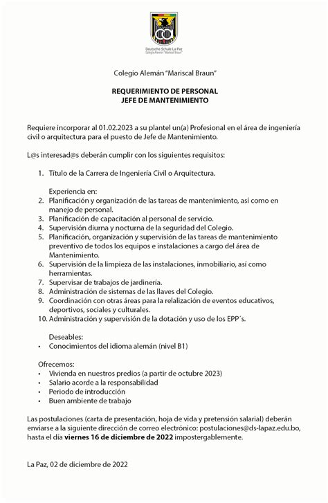 Requerimiento Jefe de Mantenimiento Colegio Alemán Mariscal Braun