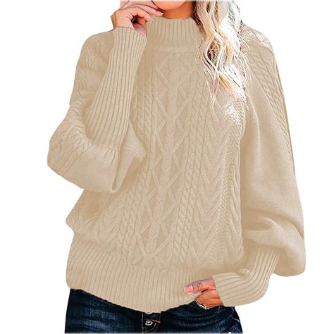 Casual Knitted Sweater Tops For Women Cable Knit Lantern Sleeve High