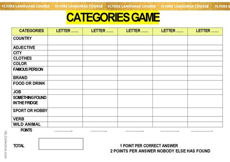 Categories Game: English ESL worksheets pdf & doc