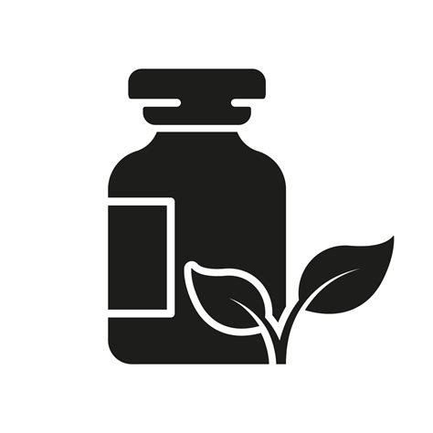 Pharmaceutical Organic Ingredient in Bottle with Plant Silhouette Icon. Botany Medical Cosmetic ...