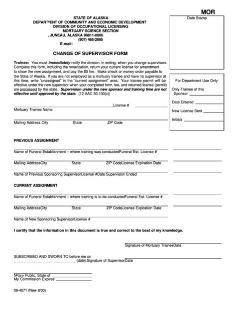 Fillable Form 08 4071 Change Of Supervisor Form State Of Alaska