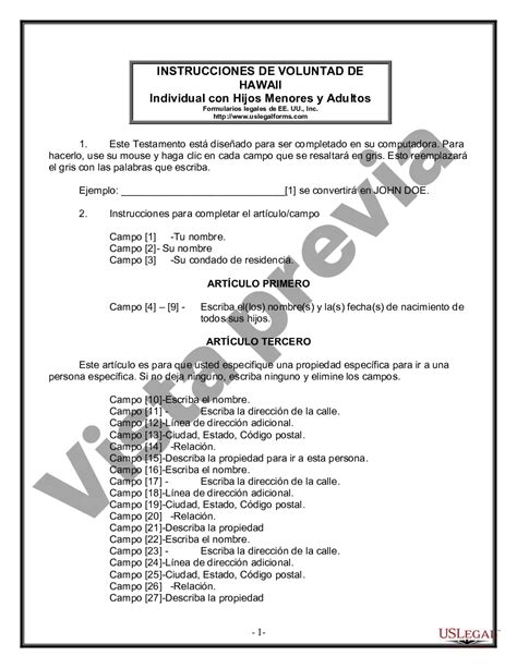 Hawaii Formulario Legal de Última Voluntad y Testamento para Persona