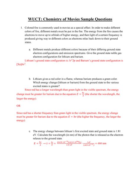 Movies Sample Questions Key WUCT Chemistry Of Movies Sample