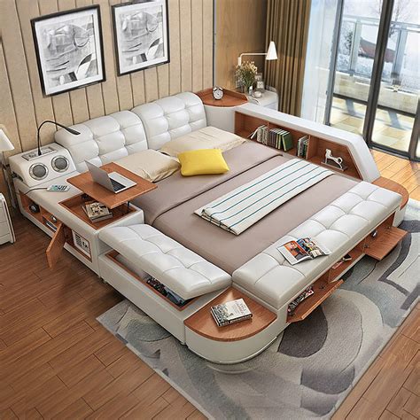 Modern White Faux Leather Smart Bed With Storage And Speaker King Homary