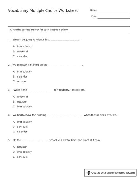 Vocabulary Multiple Choice Worksheet My Worksheet Maker Create Your