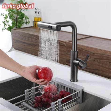 German Gun Gray Kitchen Hot And Cold Brass Faucet Pull Out Three Speed Switchable Rotatable