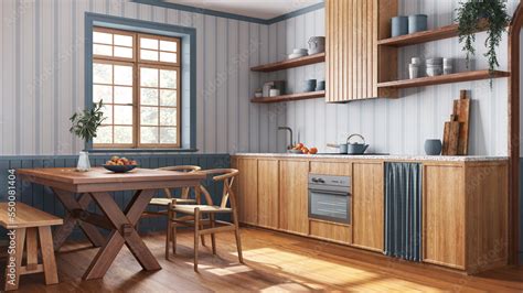 Farmhouse Wooden Kitchen And Dining Room In White And Blue Tones