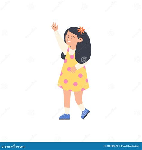 School Girl Or Kindergartener Raising Hand Flat Vector Illustration