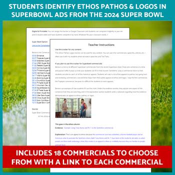 Ethos Pathos Logos Superbowl Commercials Fun activities Worksheet Tracker