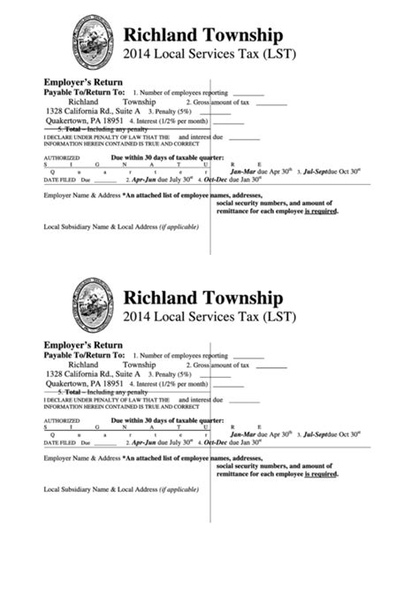 Local Services Tax Lst Form Richland Township 2014 Printable Pdf