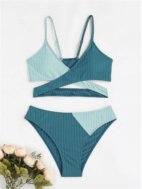 Shein Conjunto De Mai Bikini Cruzado De Duas Cores Para Adolescentes