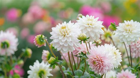 White And Pink Terry Needle Dahlia In The Garden Background Closeup