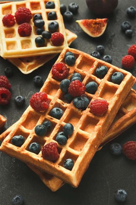 Belgium Waffles With Raspberries And Syrup Stock Photo Image Of