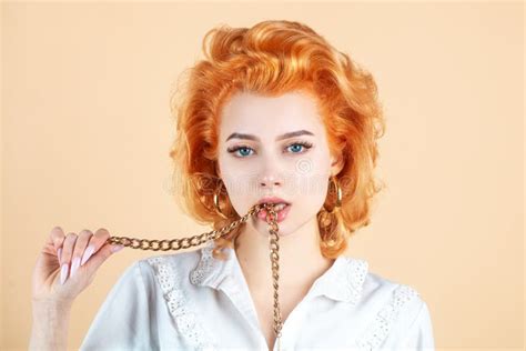 Portrait Of Beautiful Girl Redhead Woman Close Up Portrait With Golden