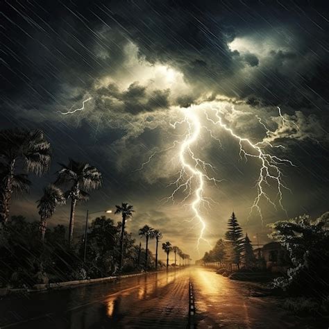 Premium AI Image | Heavy rainstorm with thunder and lightning