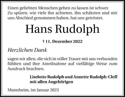 Traueranzeigen Von Hans Rudolph Trauerportal Ihrer Tageszeitung