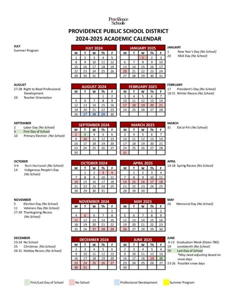 Providence Schools Calendar 2024-2025 in PDF