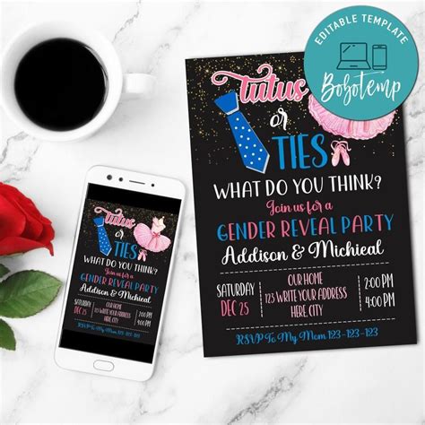 Tutu Or Tie Gender Reveal Party Invitation Customizable DIY