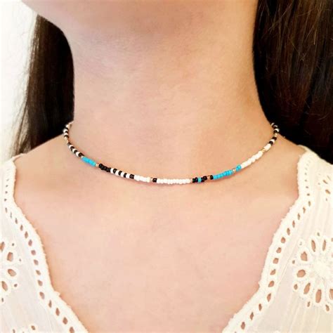 Turquoise Beaded Choker Gold Choker Necklace White Seed Bead Choker