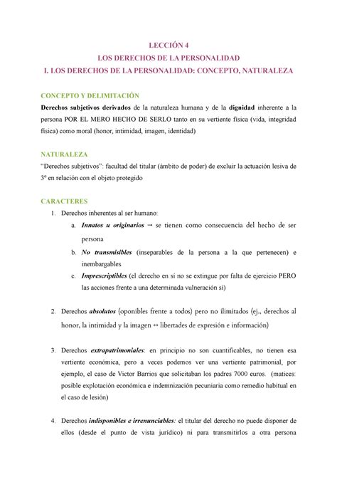 Lección 4 Apuntes 4 LecciÓn 4 Los Derechos De La Personalidad I