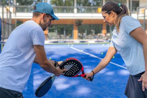 Indoor Padel Training Trainer And Woman Improving Her Techniques Stock